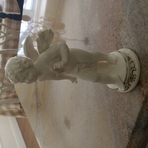 Vintage mid century white ironstone cupid angel 9 3/4" tall